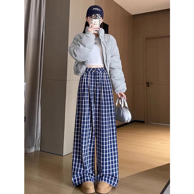 Women's Early Spring Blue Plaid Wide-Leg Floor-Length Pants