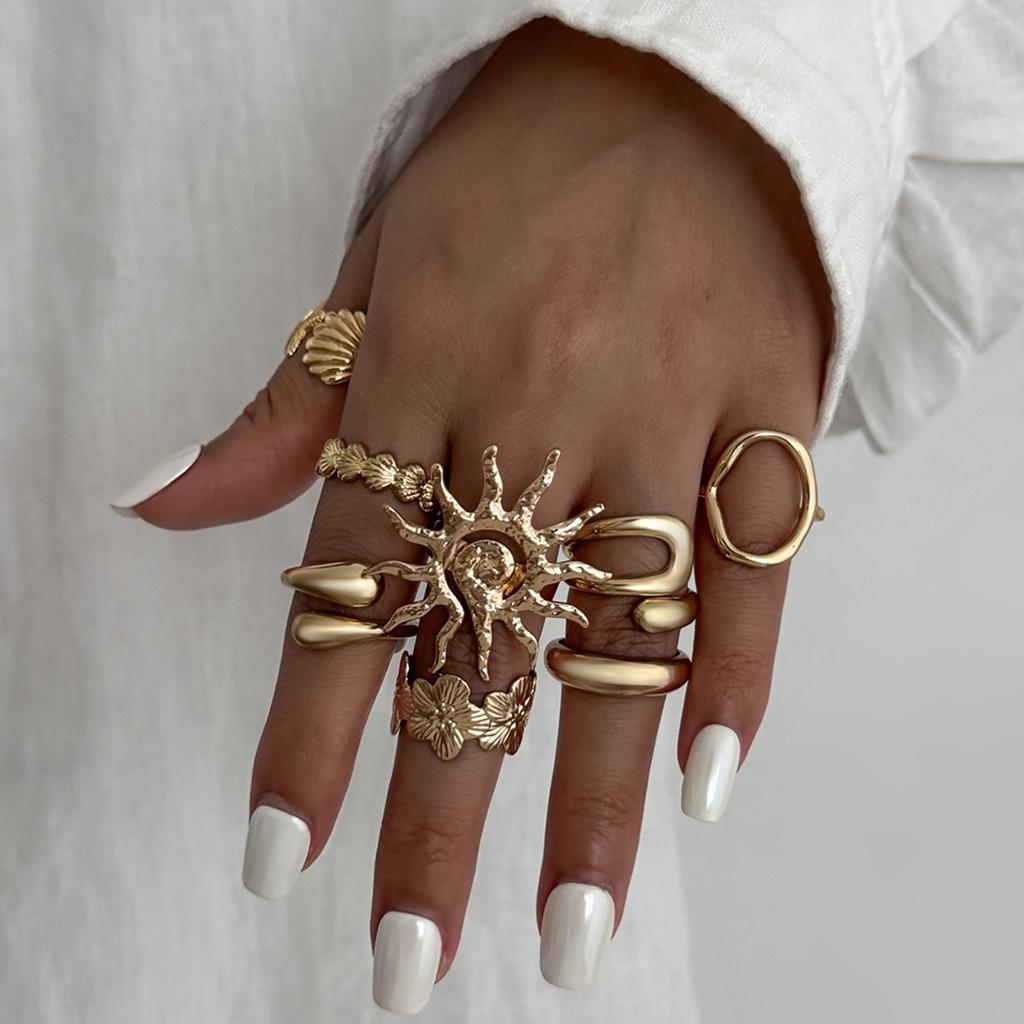 Salircon 8Pcs/set Fashion Starfish Scallop Open Finger Ring for Women Vintage Gold Color Metal Knuckle Joint Ring Couple Jewelry