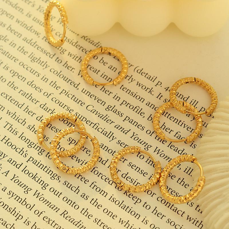 18K Gold Plated Geometric Circle Embossed Niche Titanium Steel Earrings for Women