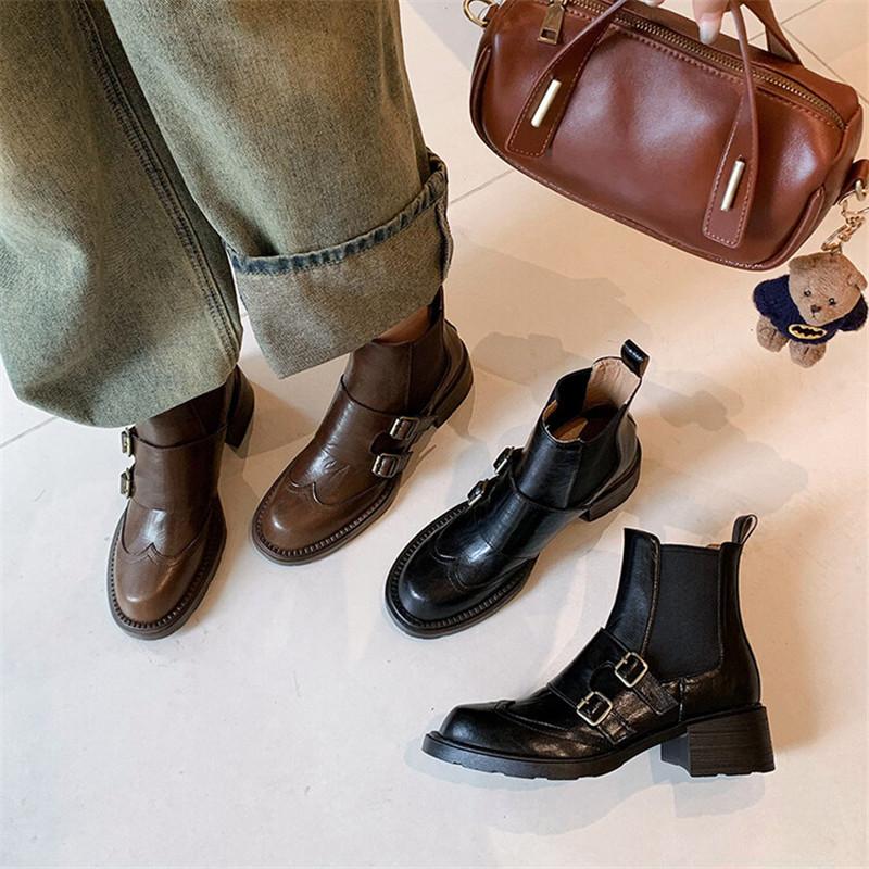 Fashion New Autumn Winter Split Leather Women Boots Chelsea Boots for Women Belt Buckle Round Toe Chunky Heel Ladies Shoes Zapatos Mujer