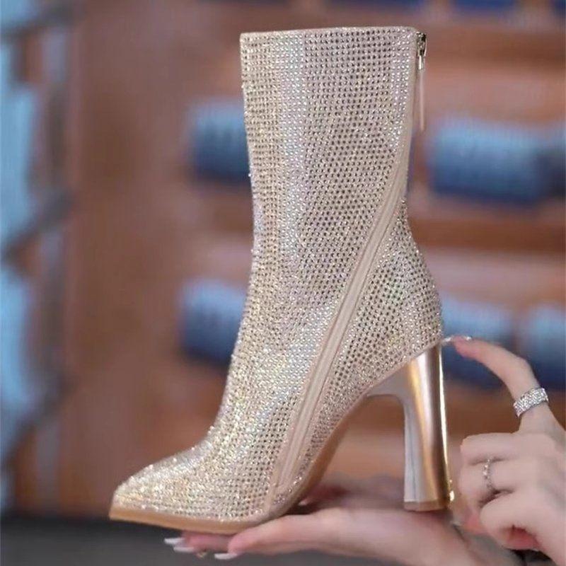 Korean version of elegant rhinestone short high-heeled boots Martin boots 2025 autumn and winter pointed oblique zipper thick heel full diamond
