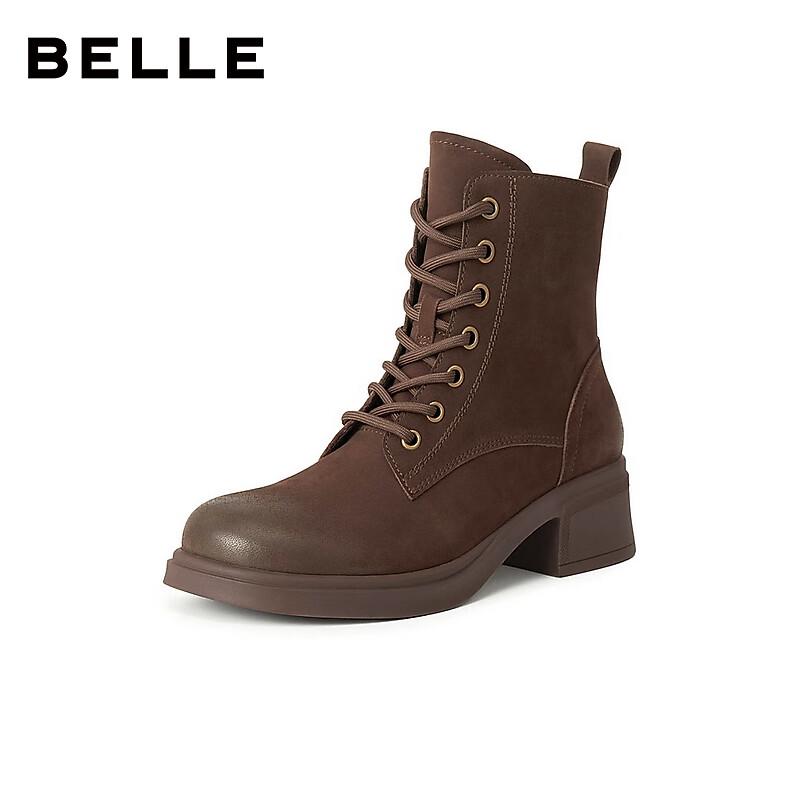 BELLE Women's Leather Block Heel Lace-Up Martin Boots