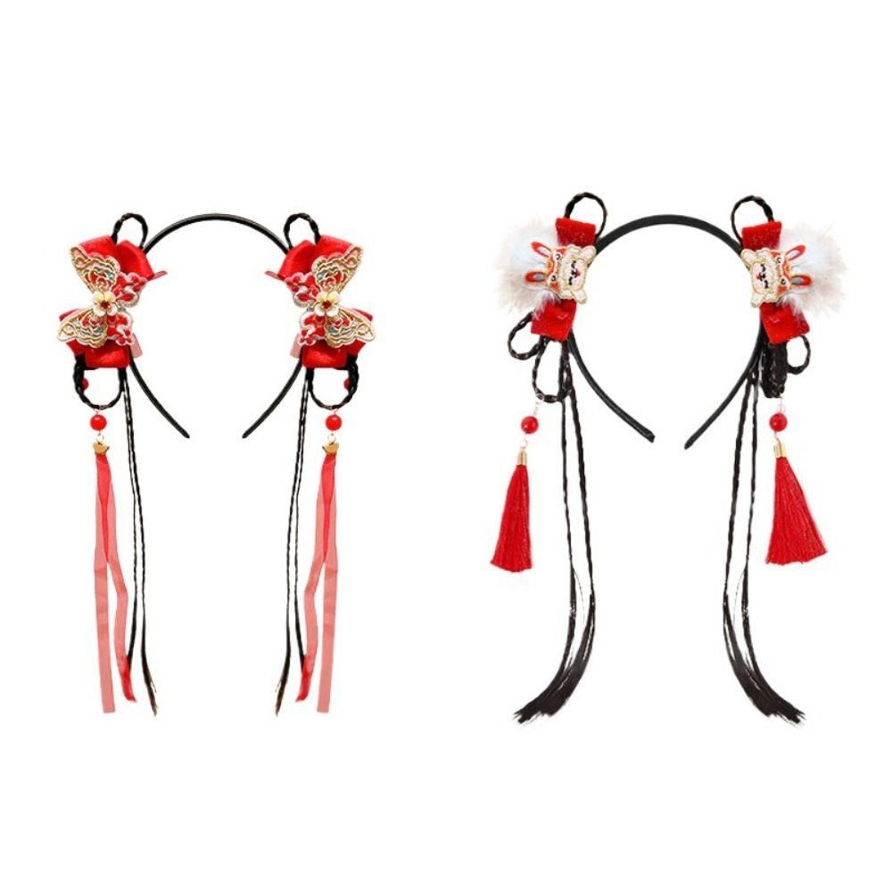 Braid Hair Chinese New Year Headwear Tassel Red Bow Hairband Simple Children Wig Headband  Children