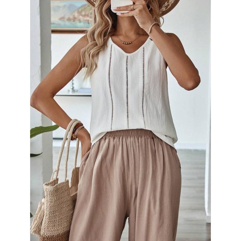 Bluză de vară largă cu decupaje pentru femei, culoare solidă, gât rotund, cămăși casual, modă pentru doamne, topuri tip maieu elegante, dulci, cu dantelă, vestă simplă de birou