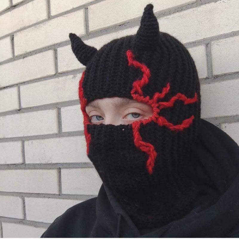 Y2K Style Crochet Halloween Party Cow Horn Parent-Child Ski Mask Hat