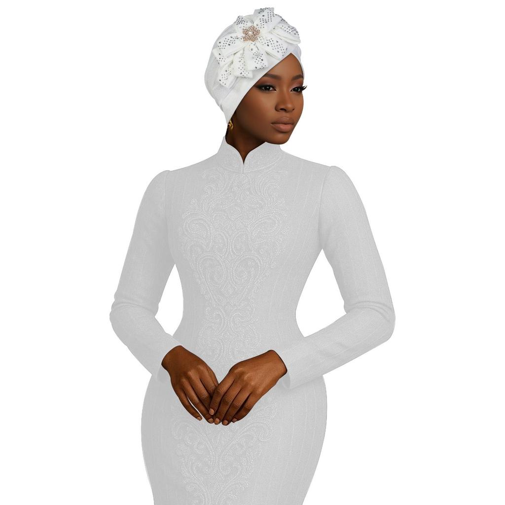New African Rhinestone Flower Casual Hijab Hat 