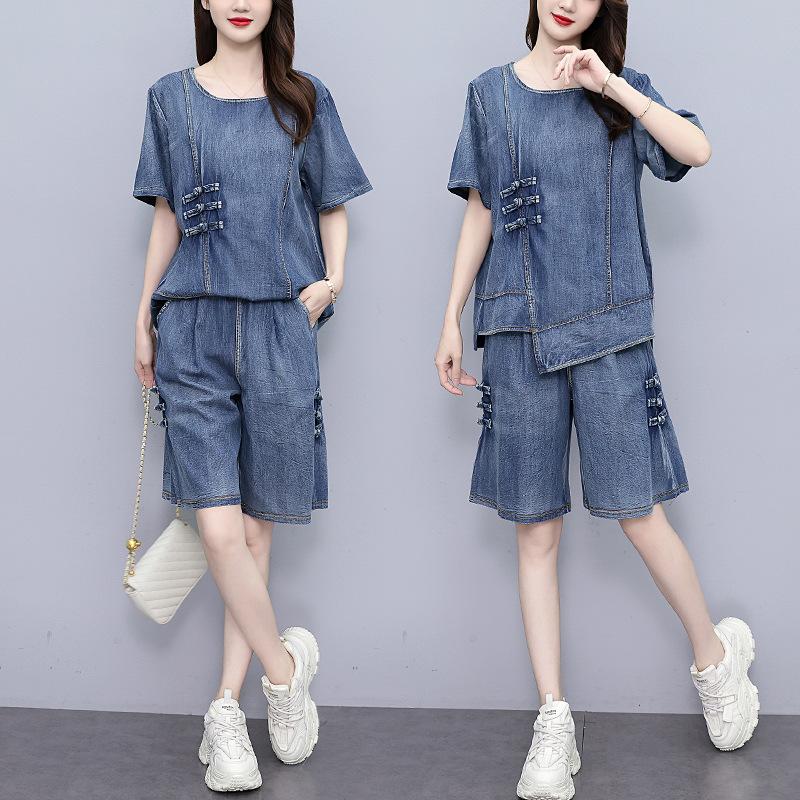 Damenmode Anzug Sommer Gewaschenes Büffel Kurzarm Fünf-Punkt Hose Zweiteiler