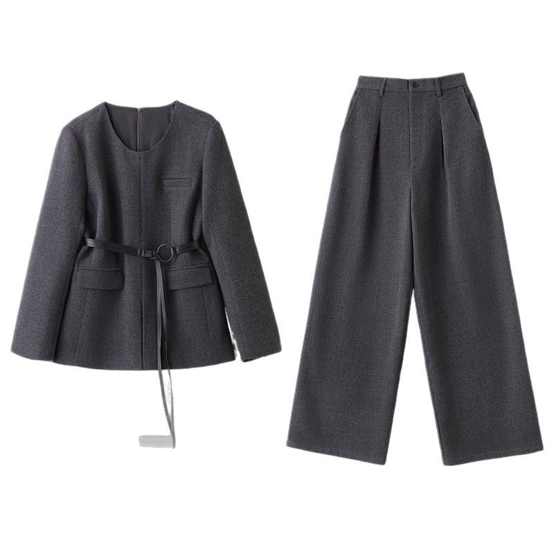 Women's Wool Suit Set: 2026 Spring Collection - Fashionable Temperament Casual Jacket & Wide-Leg Pants with Belt