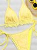 Costum de baie bikini galben cu volan la tiv, halter cu șnur la spate