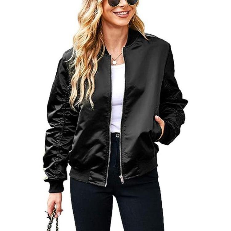 

Women Oversized Bomber Jacket Zip Up Coat with Pockets Casual Fall Outfits XXL чорний