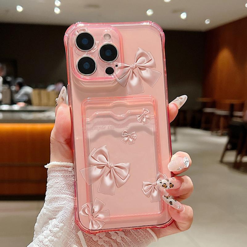 Solid Color Bowknot Print Transparent Card Slot Phone Case For iPhone 16 15 Pro 14 Pro Max 13 12 11 Clear Shockproof Slim Soft Silicone Bumper Cover