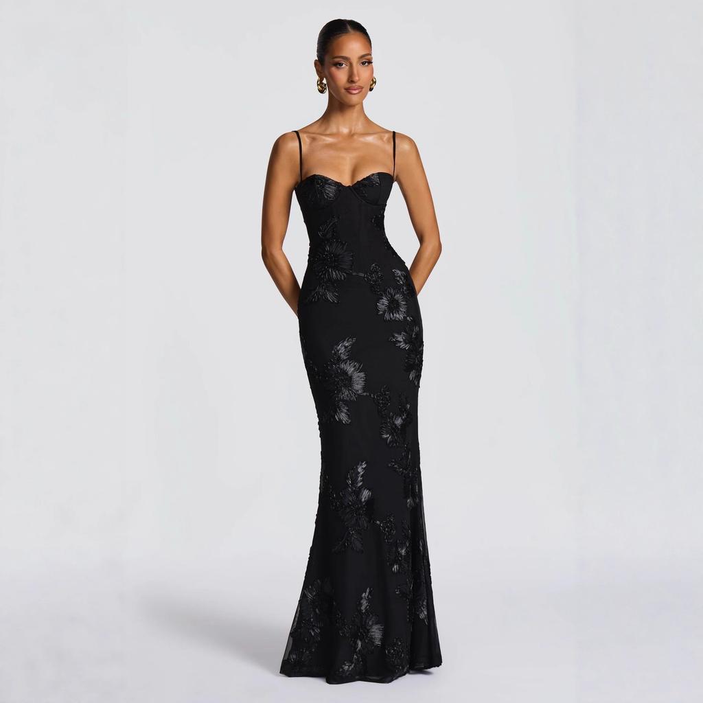 Women's Strapless Embroidered Floral Bodycon Long Dress Yellow Evening Gown