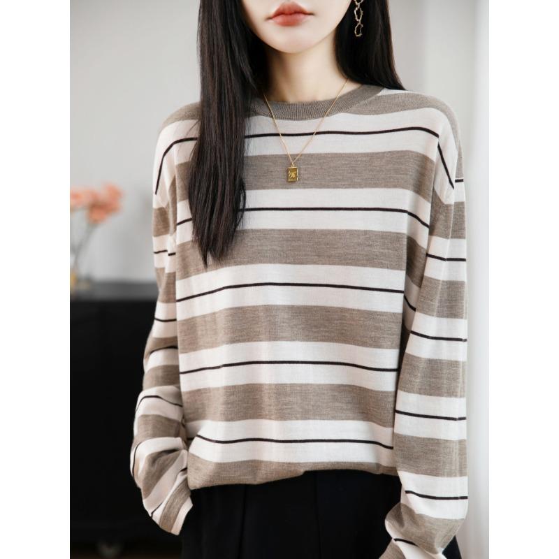 Retro Contrasting Striped Long Sleeved Women's Sweater Round Neck Loose Thin Sweater New Casual Top