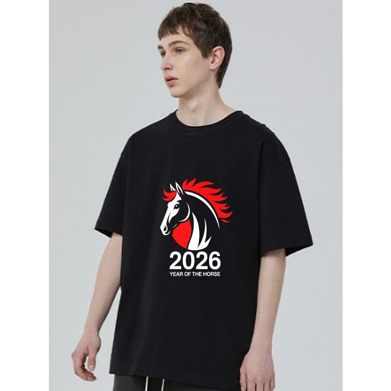 Black T Shirt With Horse Head And 2026 Year Of The Horse Print For Casual Wear