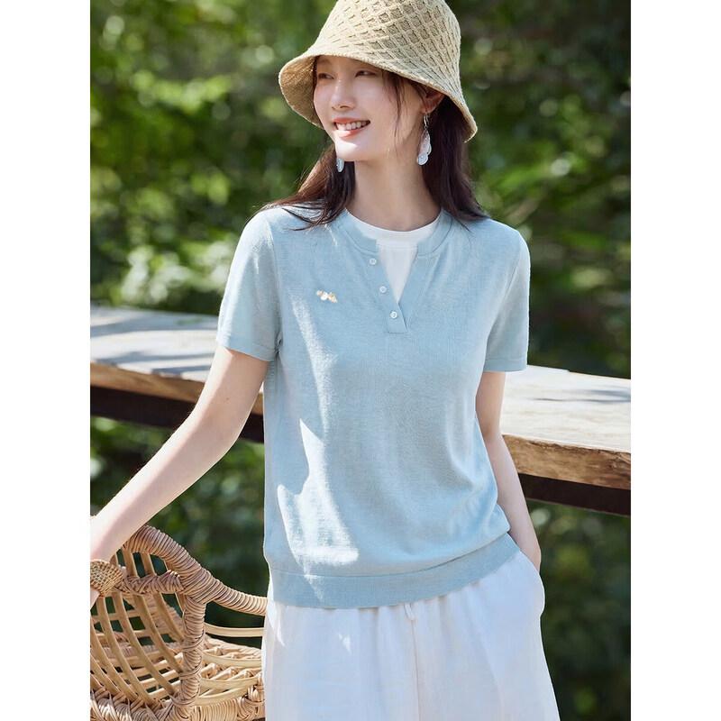 XWI Women s Faux Two-Piece Color Block Short Sleeve T-Shirt S