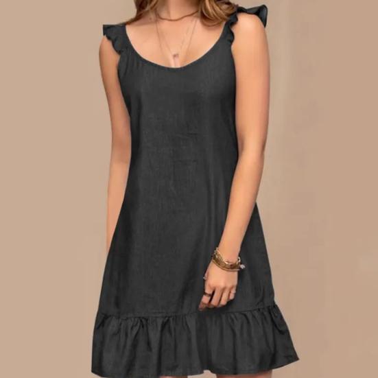 Women Summer Mini Dress O-neck Sleeveless Ruffle Hem Short Dress Solid Color Loose Fit Beach Holiday Dress