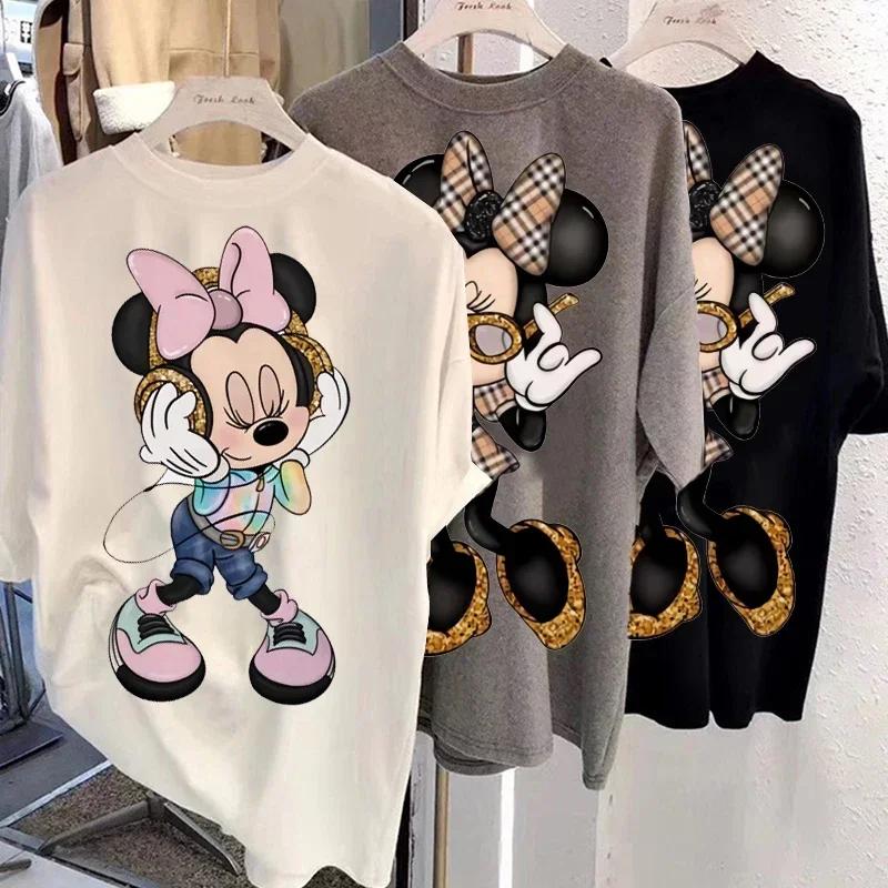 Disney Kawaii Women T-shirts 2025 Fashion New 90s Vintage Cartoon Mickey Minnie Top Y2K Female Ulzzang Oversized Cotton T-shirt