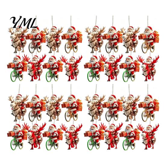 Christmas Tree Hanging Accessories 8/16/24/32Pcs 2D Flat Wooden Ornaments, Santa Claus Riding Bicycle Xmas Door And Window Decorations Decor, Pendant