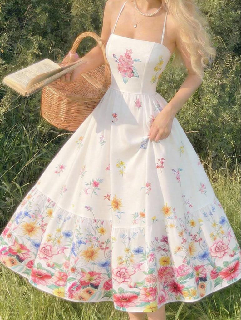 2026 spring and summer sweet romantic French fake style dress, suspender positioning printing waist backless European and American women's clothing