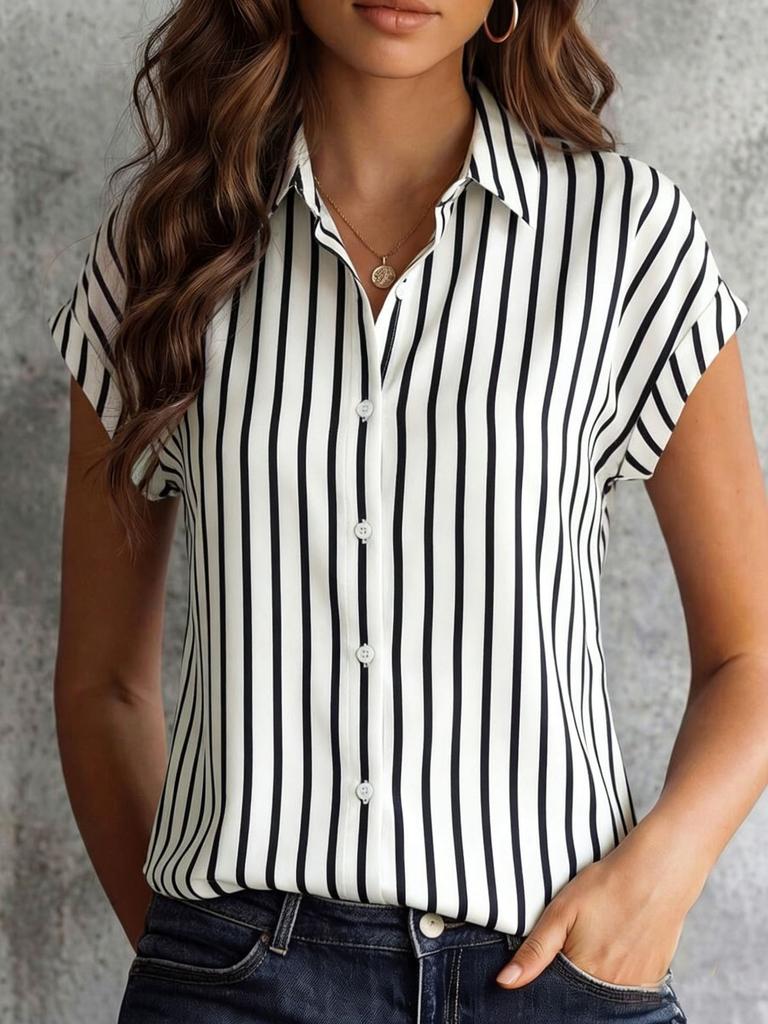 Damen S Gestreiftes Kurzarm Hemd mit Knöpfen Sommer Lässige Bluse