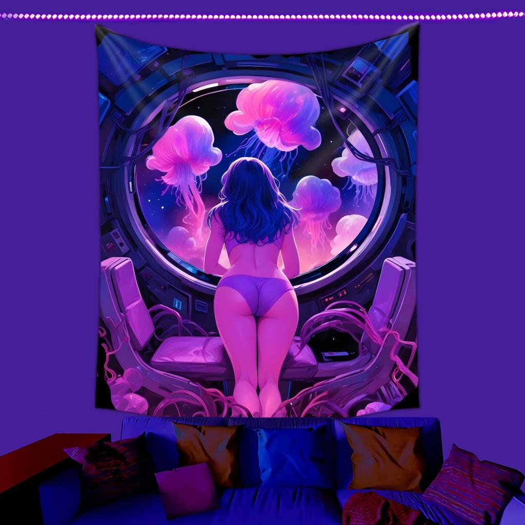 UV Reactive Trippy Girl Galaxy Tapestry 2D Flat Printed Blacklight Peach Skin Wall Hanging Fluorescent Bedroom Dorm Room Decor