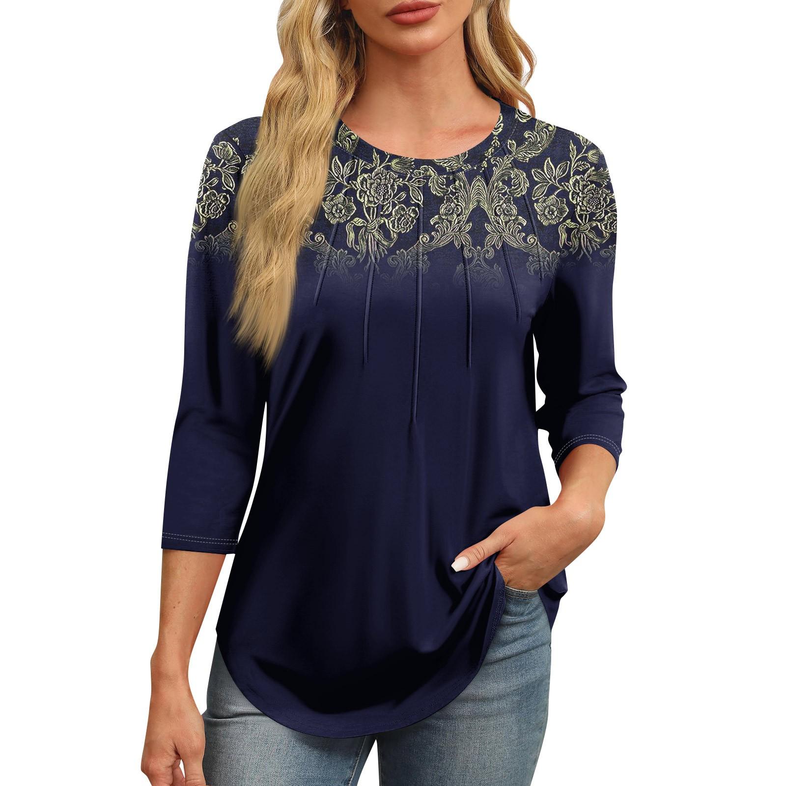 

Женская модная футболка с круглым вырезом и рукавом 3/4 с принтом, повседневная, базовая, плиссированная, пуловер S