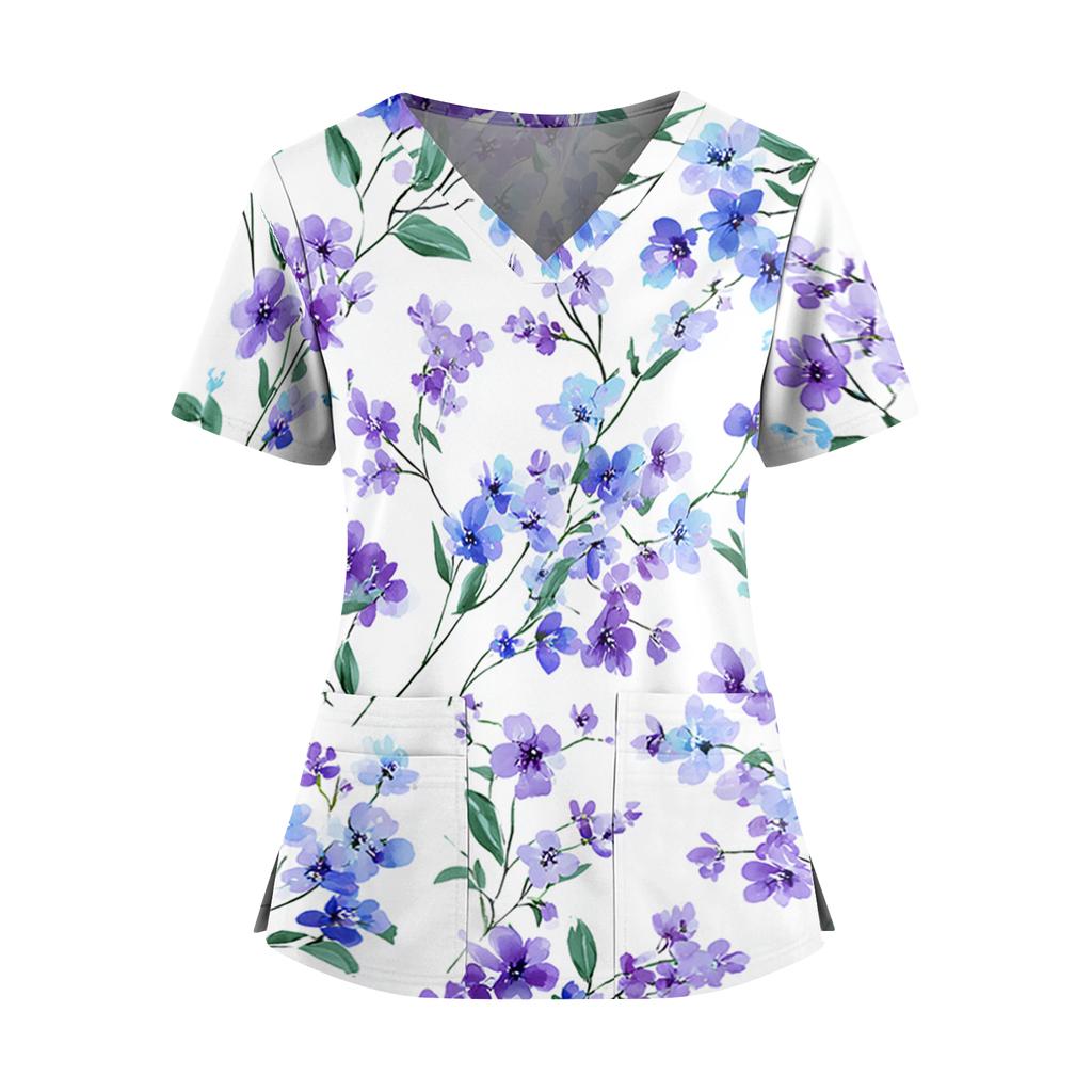 Women's floral print V-neck double pocket short-sleeved uniform/caregiver top with slits at the hem