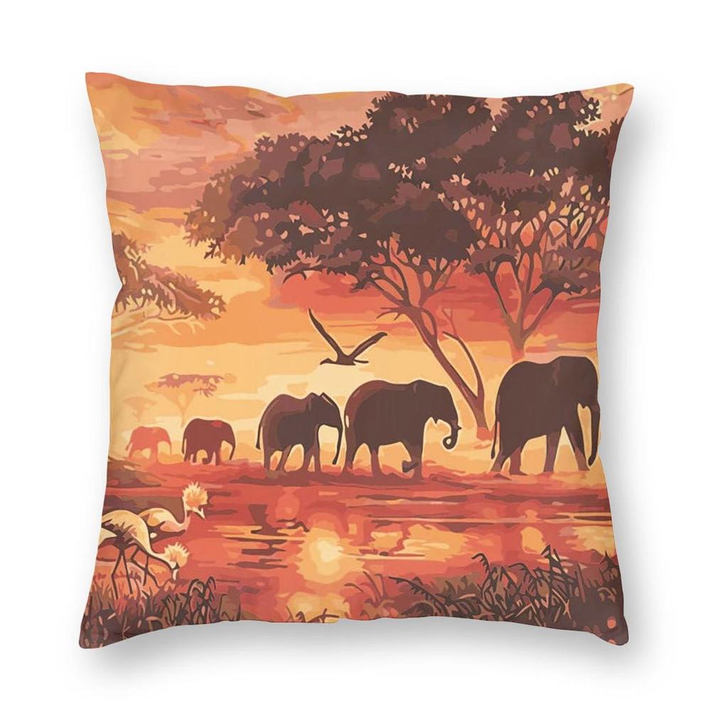 African Sunset Scene And Elephants Square Pillowcase Pillow Cover Cushion Throw Pillow for Home Sofa Living Room