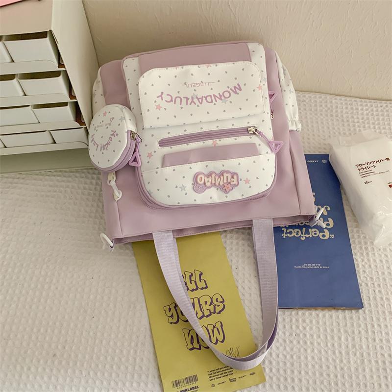 Women's Shoulder Bag Color Block Large Capacity Tote Bag Student Book Bag with Coin Purse