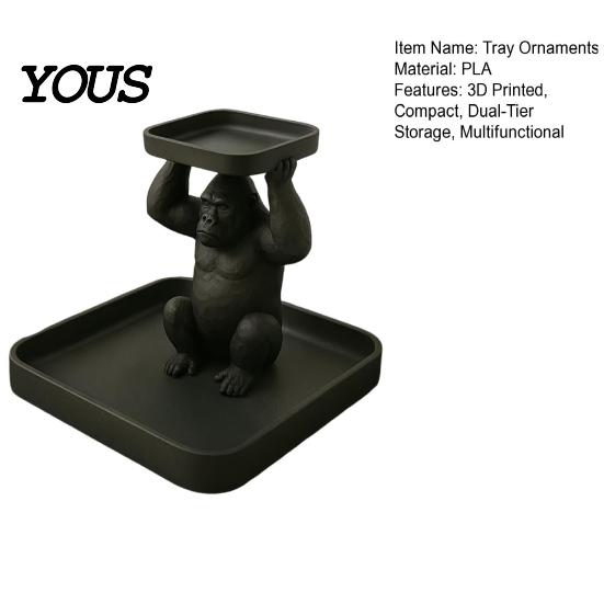 Desktop Organizer for Keys 3D Printed Gorilla Decorative Tray, Squatting Figure with Dual-Tier Storage Entryway Table Decor Jewelry Small Trinkets,