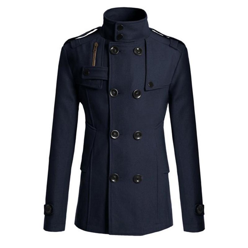 European American Men's Slim Fit Casual Double Breasted Mid Length Fashion Long Sleeved Woolen Coat Windbreaker Coat