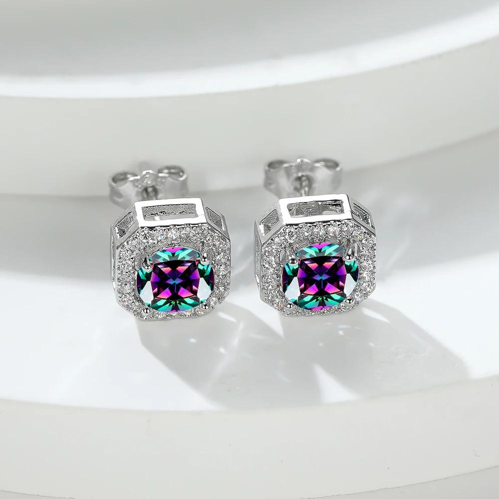 

Геометрические серьги-гвоздики желтого, розового, фиолетового, красного, синего, черного, зеленого цвета с квадратными камнями для женщин, серебряные круглые серьги-гвоздики с кубическим цирконием, ювелирные изделия разноцветный