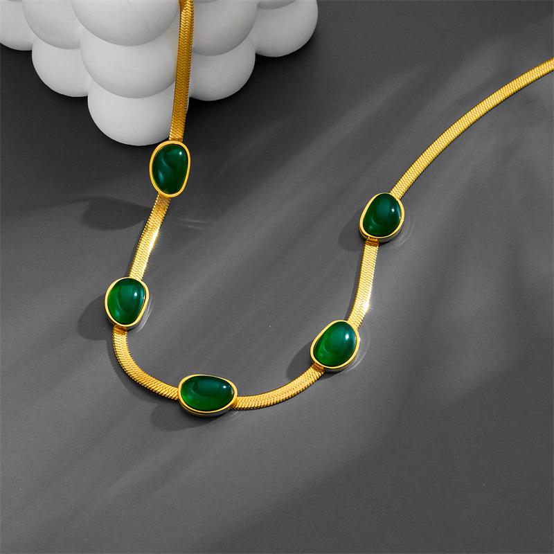Elegant Colorfast Titanium Steel Jewelry Set: Five Emerald Flat Snake Chain with Earrings, Bracelet, and Necklace