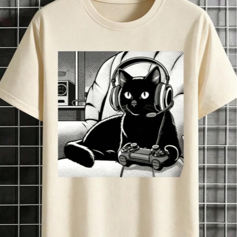 [Black Cat T-Shirt] Relaxed Fit Black Casual Cat Graphic T-Shirt | Short Sleeve Crew Neck, Summer Style, Polyester Blend