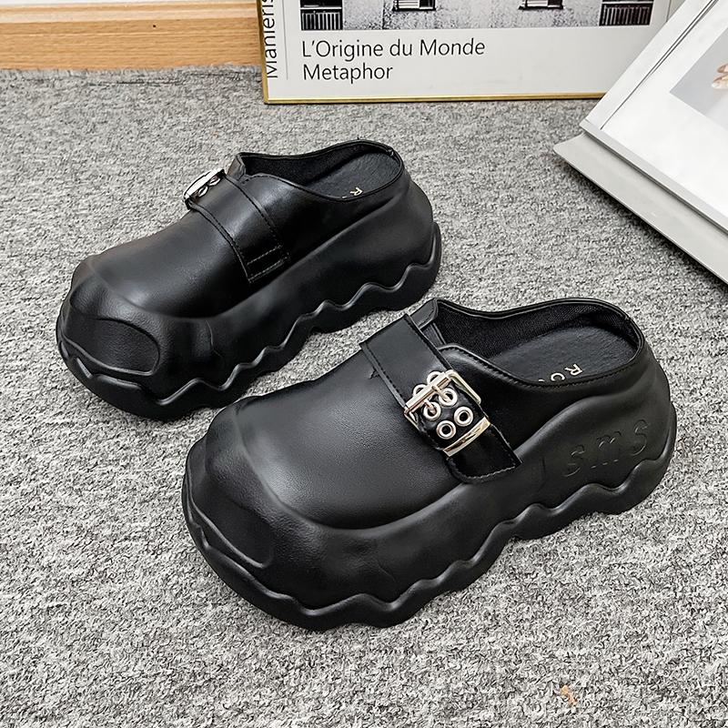 Fashion Slippers Women 2025 New Autumn Winter 8cm Thick-soled Half Slippers Leather Female Wear Fashion Closed Toe Women Slippers