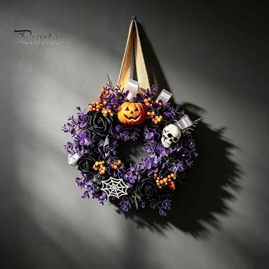 Halloween Window Decoration Wreaths for Front Door, Skull Pumpkin Wreath with Berries, Black Spooky Bat Cabin Party Props Roses, Purple Leaves Doors,