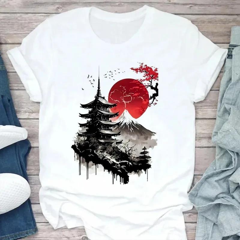 Ink Wash Style Natural Scenery Short Sleeve Summer Street Sun Rise and Sunset Painting Printed Tshirt Clothing Tops