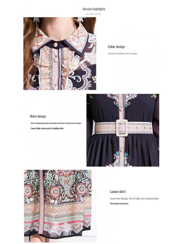 Original Design SS '25 Chiffon Blouse & Waist-Gathering Ruffle Long Dress Set with Collar Print, Long Sleeves.