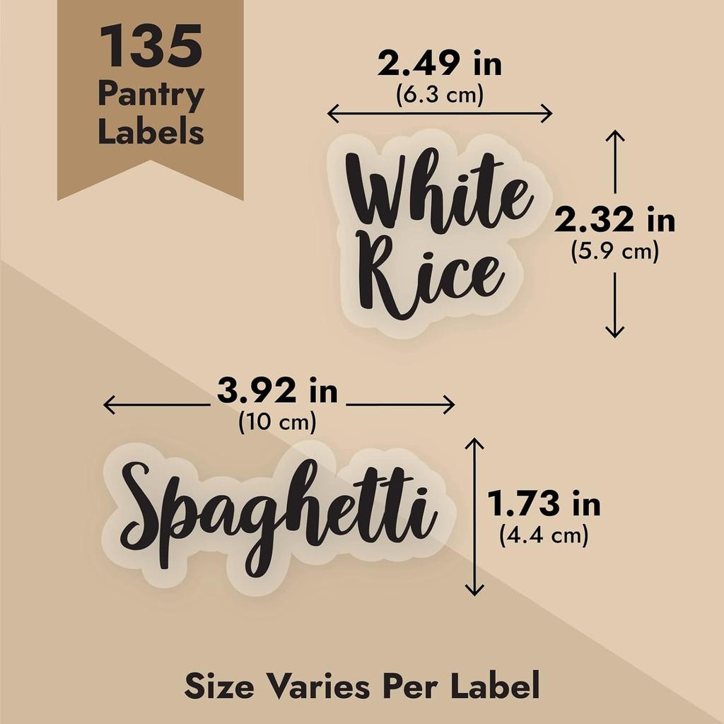 Talented Kitchen Labels for Food Containers - 135 Count, Preprinted Black Cursive on Clear Backing, Water-Resistant - Pantry & Kitchen Storage Labels