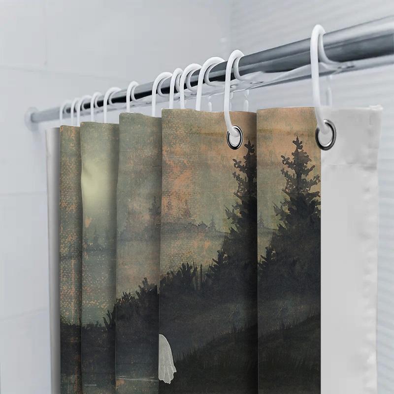 Spooky Ghost Halloween Shower Curtain Set Waterproof Bathroom Decor Eerie Forest Night Landscape Backdrop Vintage Gothic Home