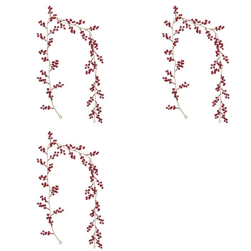 3X Christmas Red Berry Garland, Artificial Burgundy Red Pip Berry Artificial Berry Garland For Indoor Outdoor Decoration
