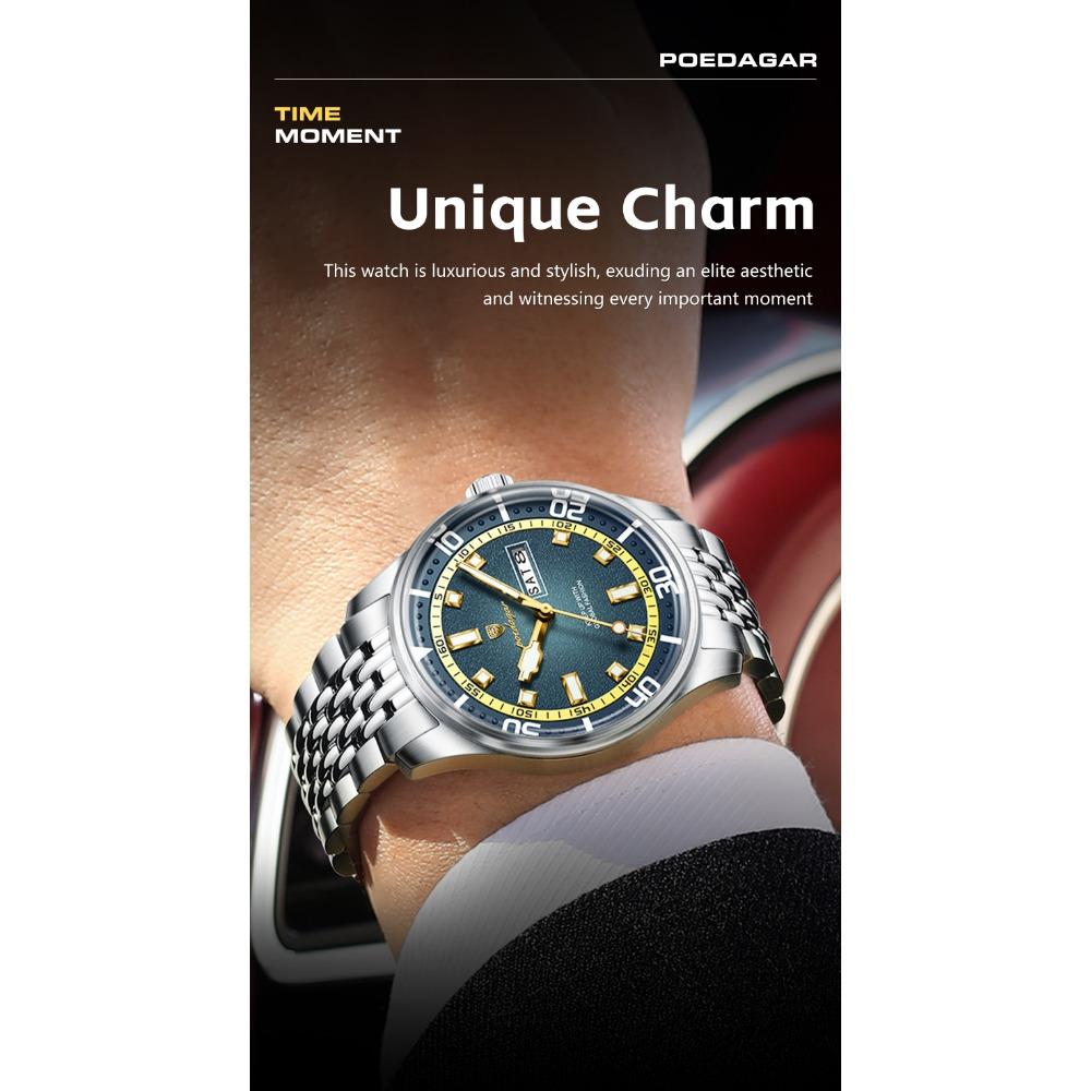POEDAGAR Luxury Military Man Watch Casual Waterproof Luminous Date Week Men Watch Stainless Steel Quartz Men's Watches Reloj+Box