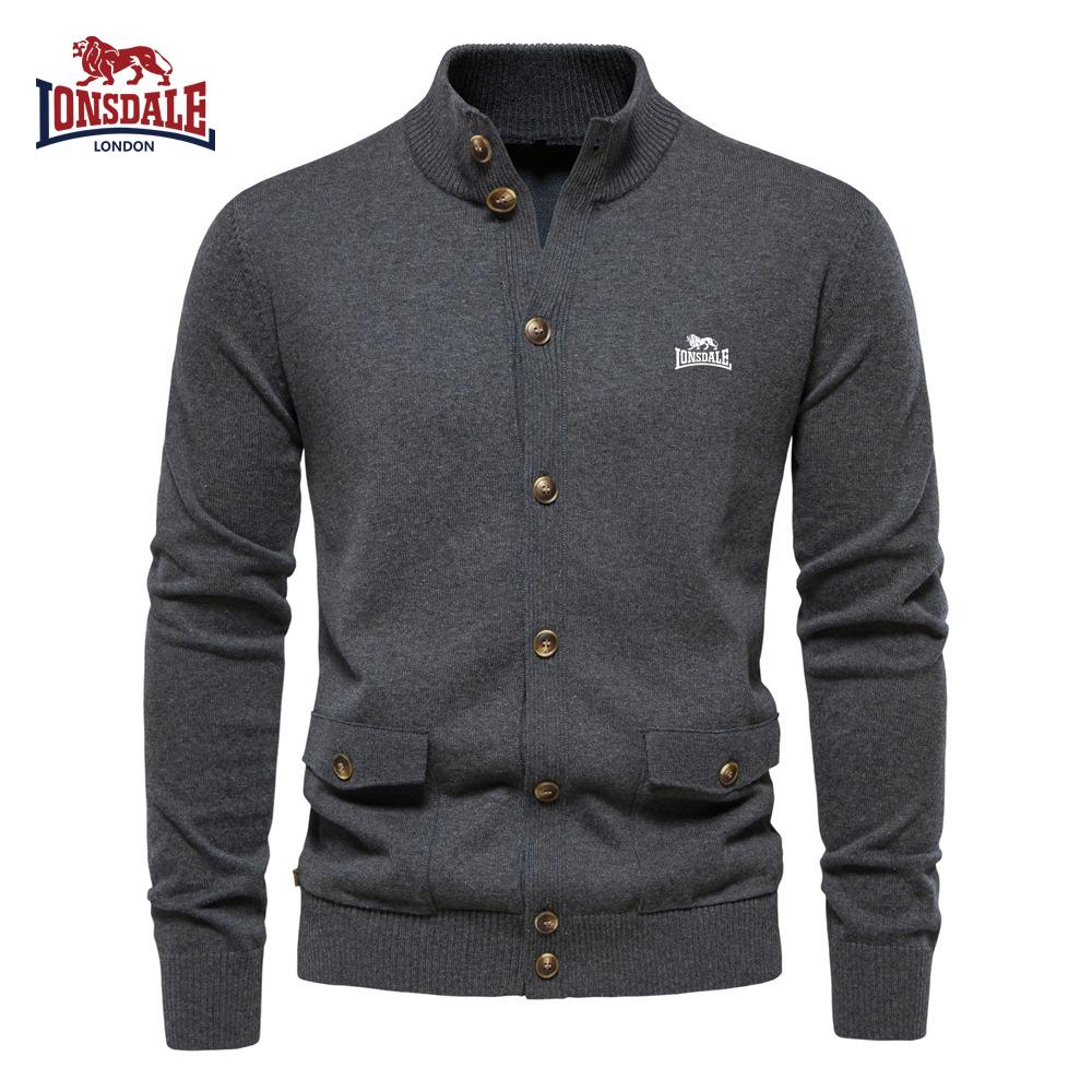 Lonsdale Autumn and Winter Embroidered New Men's Top Cardigan, High-quality Business Casual Solid Color Sweater for Men