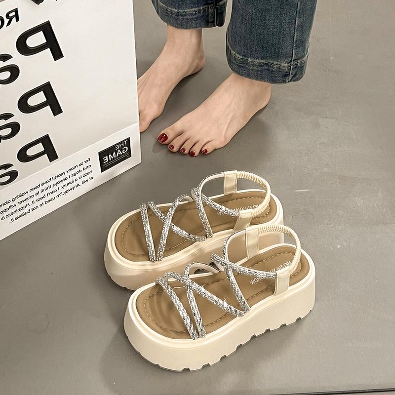 

Wear light shoes versatile soft-soled beach Roman shoes rhinestone fairy wind platform sandals female 2025 summer new 35 бежевый