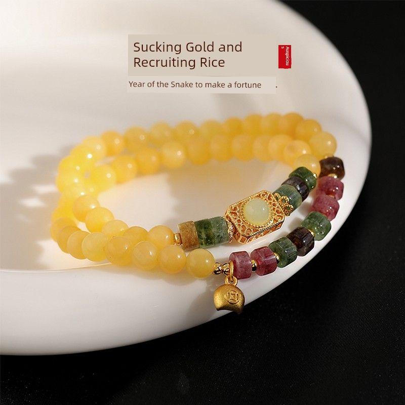 

2025 Новый двухслойный браслет-талисман с цитрином-близнецом для женщин, браслет на удачу, нишевая изысканная бижутерия в стиле легкой роскоши Stacked tourmaline Topaz