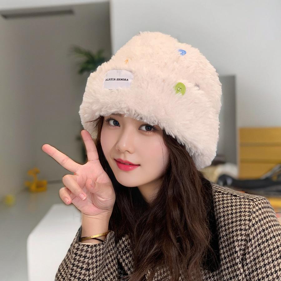 Wool Hat for Autumn and Winter Women's Versatile Knitted Bag Headset Showing Face Small Warm White Plush Cold Hat Big Head Circumference