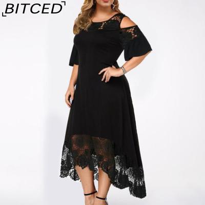 Embroidery Lace Patchwork Plus Size Women Dress Flared Short Sleeve Cold Shoulder High Waist