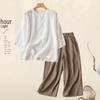 Southeast Asia Retro Embroidered Cotton-Linen Two-Piece Set: Seven-Sleeve Shirt & Wide-Leg Pants