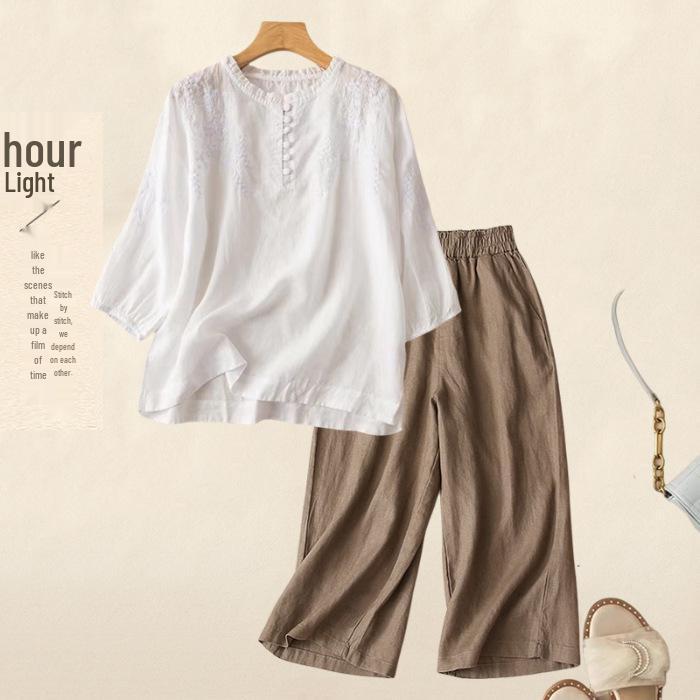 Southeast Asia Retro Embroidered Cotton-Linen Two-Piece Set: Seven-Sleeve Shirt & Wide-Leg Pants