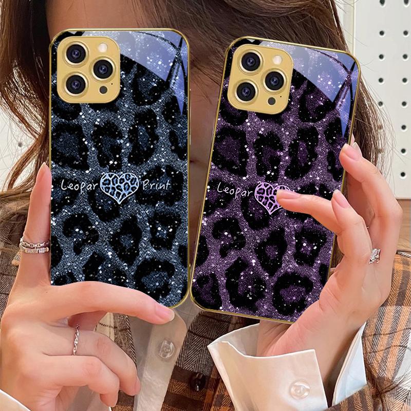 Leopard Spotted Love Green For IPhone 16 Pro Max 15 P Ro 14 13 Plus 12 Mini 11Pro Max XS Max XR Golden Tempered Glass Phone Case
